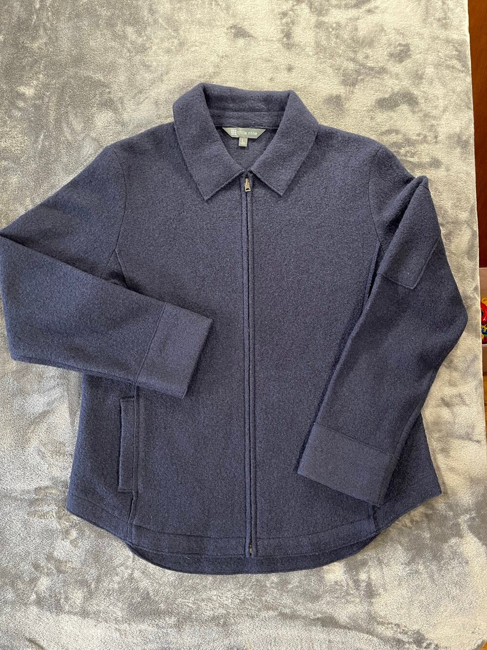 Title Nine 100% Merino Wool Full Zip Sweater Jacket Womens Large Navy Gorpcore